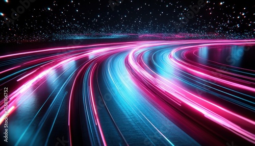 Curved neon light trails in pink and blue glow against a dark starry background creating a futuristic and dynamic motion effect