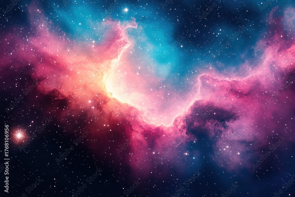 Obraz premium Vibrant cosmic nebula with swirling clouds of pink, purple, and blue gas illuminated by starlight against a dark star-filled space background
