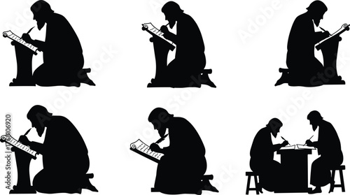 Silhouette of ancient scribes writing on scrolls with quill pens, medieval manuscript illustration, historical documentation, vintage calligraphy art concept