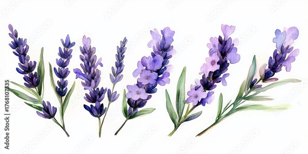Obraz premium Six botanical watercolor illustrations of lavender sprigs with purple flowers and green leaves on white background