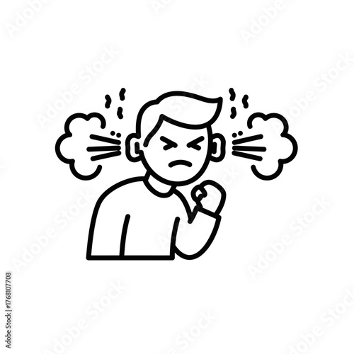 Angry man with steam coming out of ears line icon.