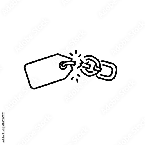 Broken chain link and tag representing disconnection and separation concept.