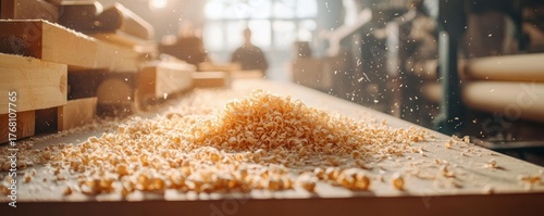 Close-up of wood shavings piled on a workbench in a sunlit woodworking shop with blurred background and floating dust particles
