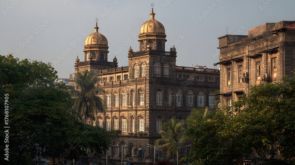 Obraz premium Historic stone edifice featuring twin golden domes rises above surrounding tropical foliage