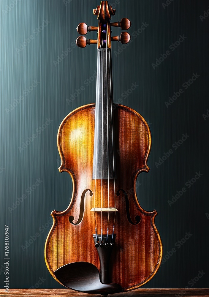 Fototapeta premium Close-up view of a polished wooden violin standing upright against a textured dark background, highlighting its strings and elegant curves