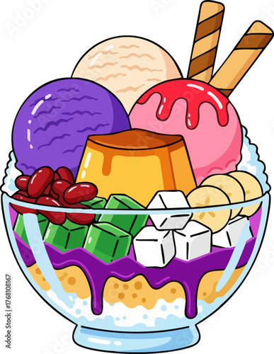 Halo-halo, Filipino shaved ice dessert, flat vector illustration isolated on white.