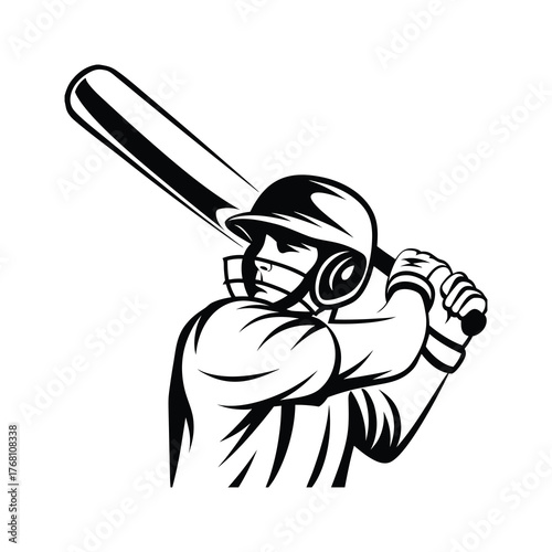 Cricket baseball player batsman with helmet holding bat black and white vector illustration