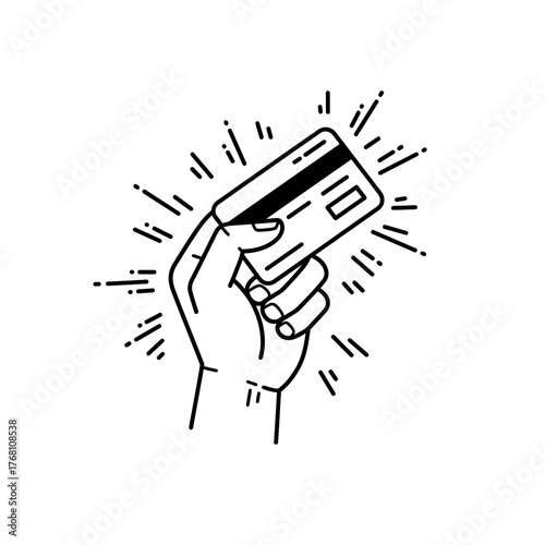 Hand holding credit card with radiating lines in line art style.