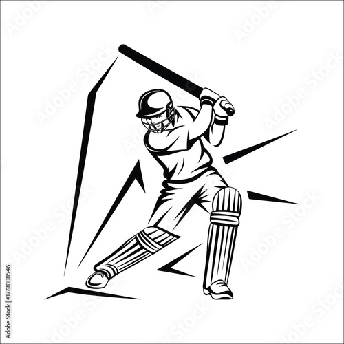 Dynamic black white cricket batsman illustration sport athletic action strike graphic design element for game competition tournament team