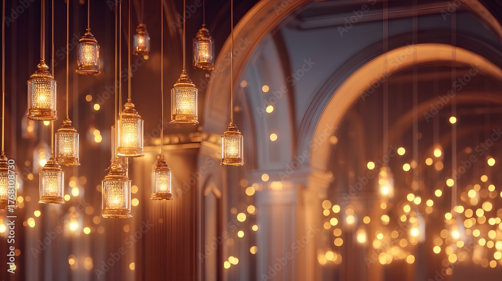 Obraz premium Numerous ornate metal lanterns cast a warm glow within an arched architectural space