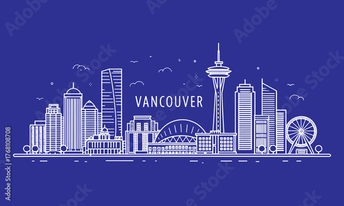 Vancouver Downtown Skyline Art with Canada Place and Stanley Park | Artistic Cityscape Line Drawing for Travel and Tourism Advertising