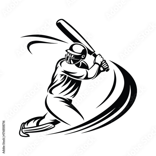Dynamic cricket player batsman black and white swinging bat icon sports vector illustration