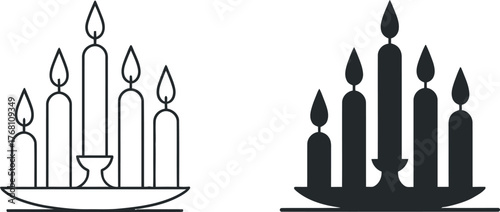 Candelabrum with Burning Candles Icon Vector Set Black and White Minimalist Style