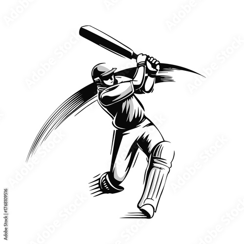 Action cricket batsman vector illustration powerful bat swing athletic motion monochrome isolated white
