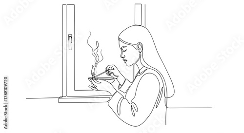 Woman lighting incense near window in line art symbolizing peace and ritual