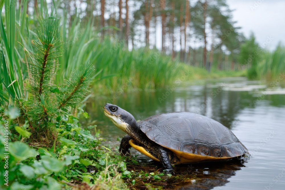 Obraz premium Turtle emerging from water in natural habitat