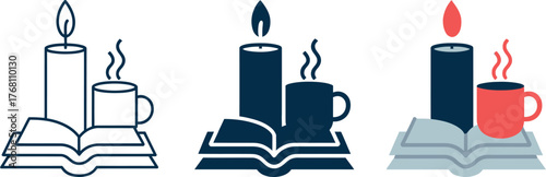 Cozy Relaxation Time Illustration with Candle Book and Steaming Coffee or Tea Concept