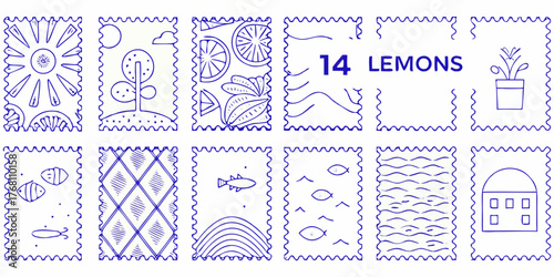 Collection of twelve hand drawn blue ink stamps featuring various whimsical illustrations and the text 14 lemons