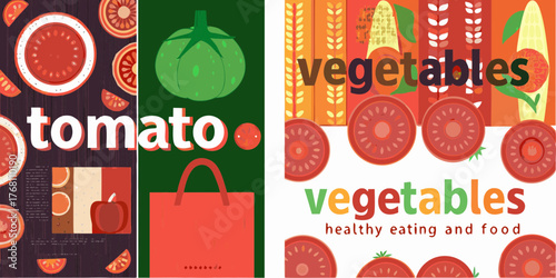 Vibrant illustration of tomatoes and vegetables with text for healthy eating and food