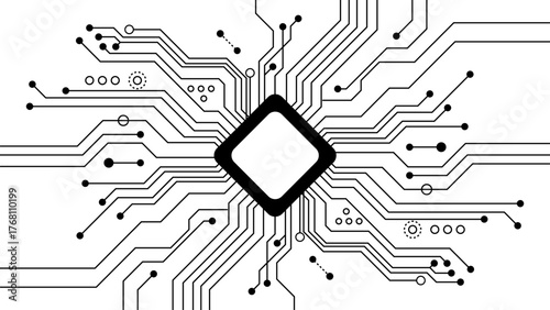 A black and white graphic illustration of a computer microprocessor chip with intricate circuit board pathways.