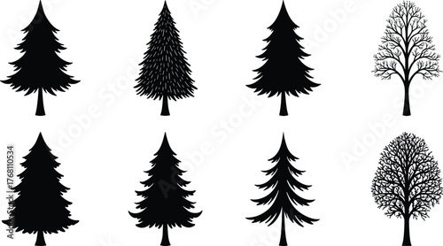 Black tree silhouette collection of pine and deciduous trees, vector forest shapes, natural woodland and environmental design elements illustration