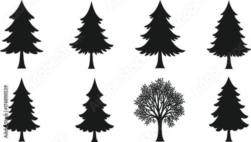 Black pine and deciduous tree silhouette collection, vector forest design set, natural woodland illustration, evergreen and leaf tree shapes