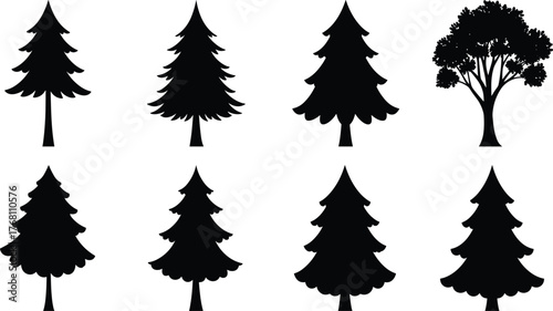 Black silhouette collection of pine and deciduous trees, vector forest illustration, evergreen tree shapes for nature and design use