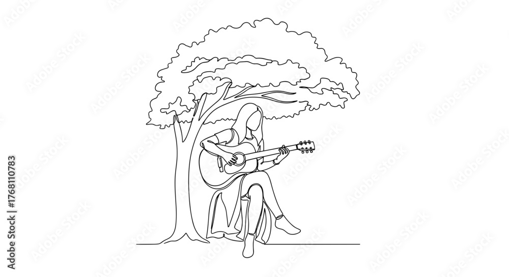Obraz premium Woman playing guitar under tree in line art style, symbolizing harmony and self-expression