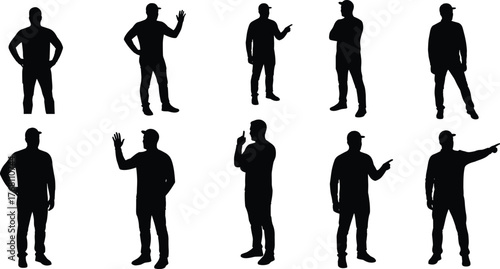 Silhouette man wearing cap standing in various poses, pointing, waving, thinking, confident gesture collection, casual communication body language illustration