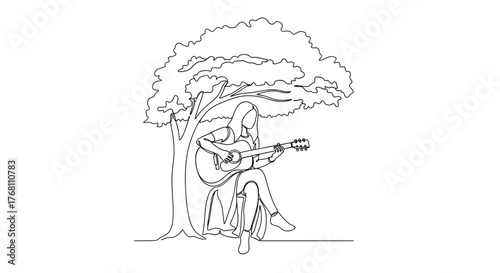 Woman playing guitar under tree in line art style, symbolizing harmony and self-expression