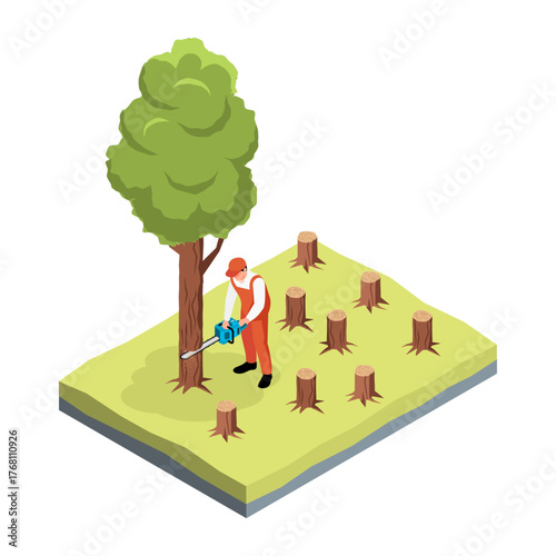 Woodcutter operating a chainsaw on a tree in a deforested area with many stumps