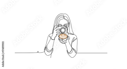 Woman taking photo of latte art in minimalist line drawing, symbolizing digital culture and aesthetic appreciation