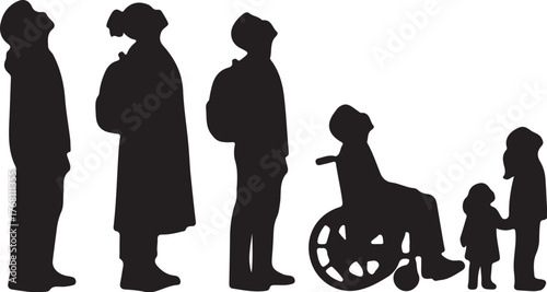 Diverse Group Of People Silhouettes Including Wheelchair User And Children Looking Up On White Background on transparent background