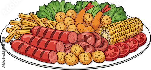 Mixed grill platter with sausage, fried shrimp, and french fries. Flat vector illustration.