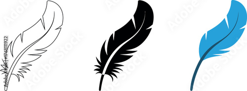 Feather illustrations in black outline and blue color options against white background