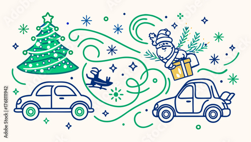 Festive holiday scene featuring christmas tree cars santa claus dog sled and decorative elements in blue and green