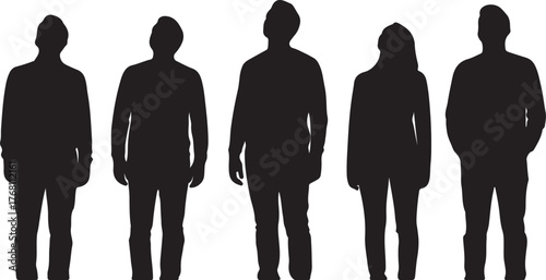 Five Silhouettes of People Standing with Heads Tilted on White Background group on transparent background