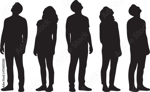 Five Standing Silhouettes of People Looking Upwards in Profile Against a White Background group women on transparent background