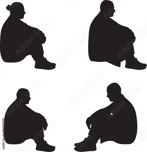 Four Silhouette Figures of People Sitting in Similar Pensive Poses person woman on transparent background