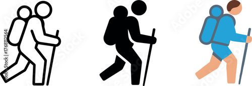 Hiking Silhouette Illustration Adventure Trekking with Backpack and Walking Stick Isolated on White Background