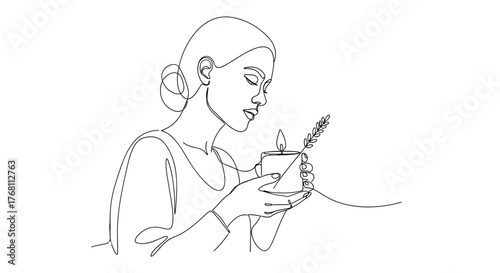 Woman lighting lavender candle in line drawing, symbolizing calm and inner balance