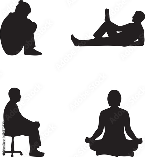 Four Silhouettes of People in Different Poses Including Sitting, Reclining, and Meditating on White Background on transparent background