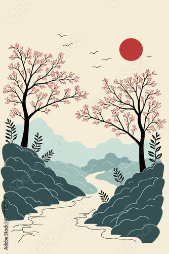 Minimalist Landscape with Trees and Red Sun
