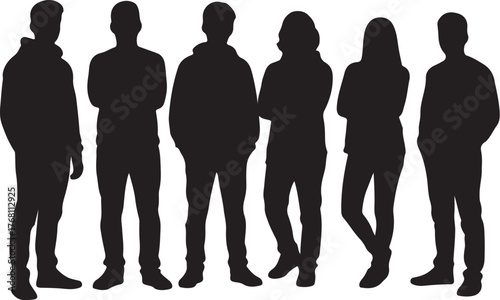 Group of Six Diverse Silhouettes Standing Together on White Background people on transparent background