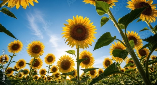 Low-angle view of a sun-drenched field of vibrant golden sunflowers under blue sky