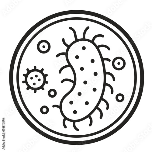 A simple line art icon depicting bacteria and other microorganisms within a circular petri dish, representing scientific research and biology.