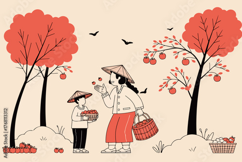 Apple Harvest with Mother and Son