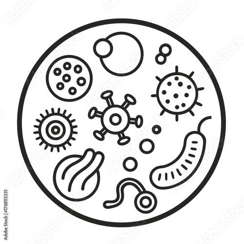 A black and white line drawing of various microscopic organisms and cells, including bacteria and viruses, within a circular petri dish.