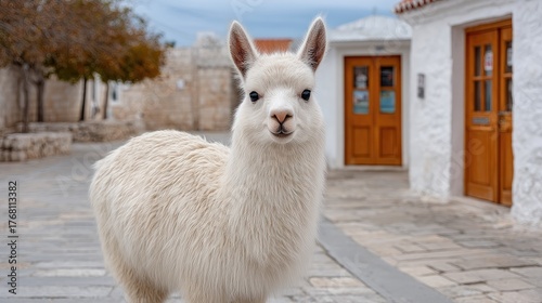 Fototapeta Naklejka Na Ścianę i Meble -  Close up of a fluffy white alpaca standing on a cobblestone street in a Mediterranean village with traditional white buildings and wooden doors under a cloudy sky