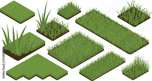 Isometric green grass elements collection, realistic lawn tiles and ground patches, nature landscape design for garden, park, or game environment